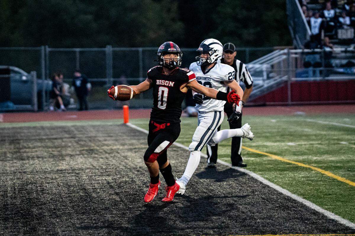 Senior Colton Ryan (0) celebrates while scoring a touchdown during a Friday night football game between Philipsburg-Osceola and Clearfield in Philipsburg, Pa., on Friday, Sep. 5, 2025. The Mountaineers lost to the Bison 27-15.