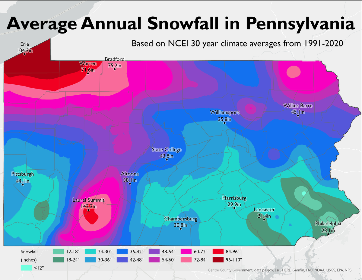 This visualization, provided by the National Weather Service, shows average snowfall rates across Pennsylvania between 1991 and 2020.
