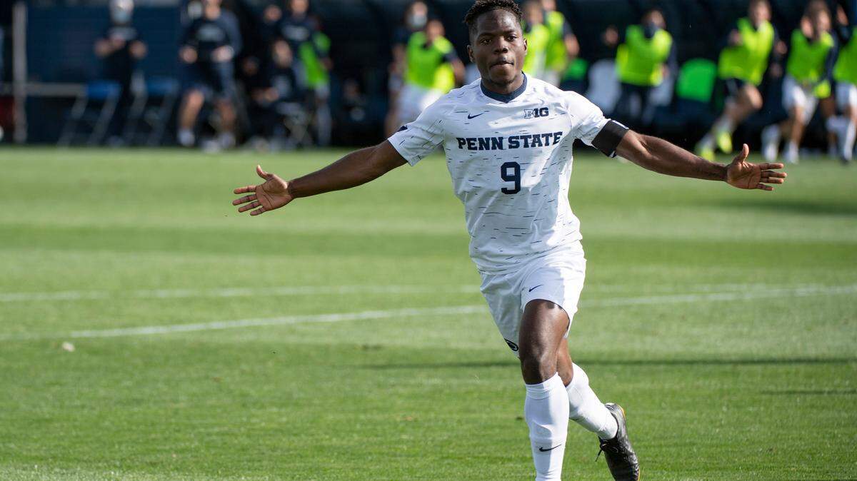 Penn State forward Daniel Bloyou (9) celebrates after scoring the opening goal during the Big Ten Men’s Soccer Tournament Quarterfinal match at the Jeffrey Field on Wednesday, April 14, 2021 in State College, PA. The Nittany Lions defeated Michigan 4-1 to move on to the Big Ten Tournament Final.