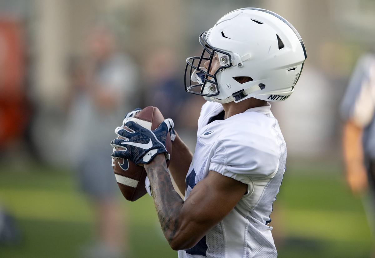 Penn State wide receiver Mac Hippenhammer makes a catch during practice on Wednesday, Aug. 29, 2018.