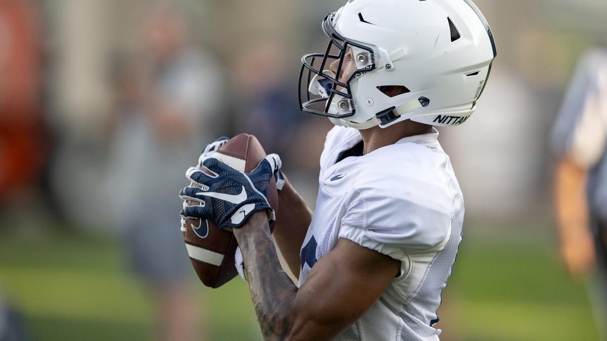 Penn State wide receiver Mac Hippenhammer makes a catch during practice on Wednesday, Aug. 29, 2018.