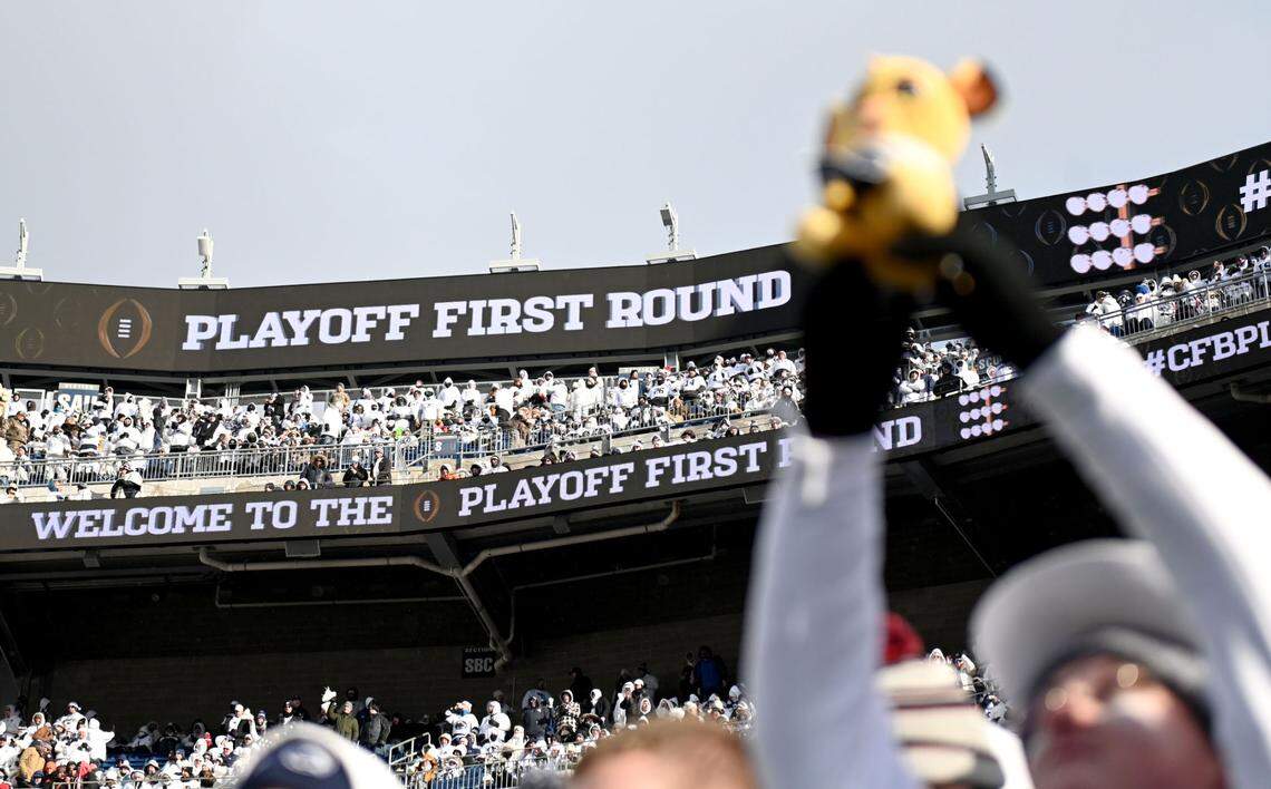 A Penn State fan holds up stuffed Nittany Lion during the College Football Playoff game against SMU on Saturday, Dec. 21, 2024 at Beaver Stadium.