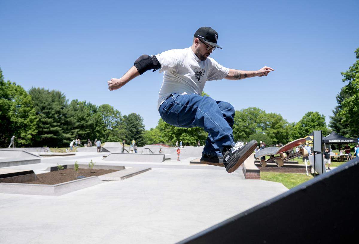 Dale Confer skates at the newly opened High Point Skate Park on Friday, May 29, 2026. 