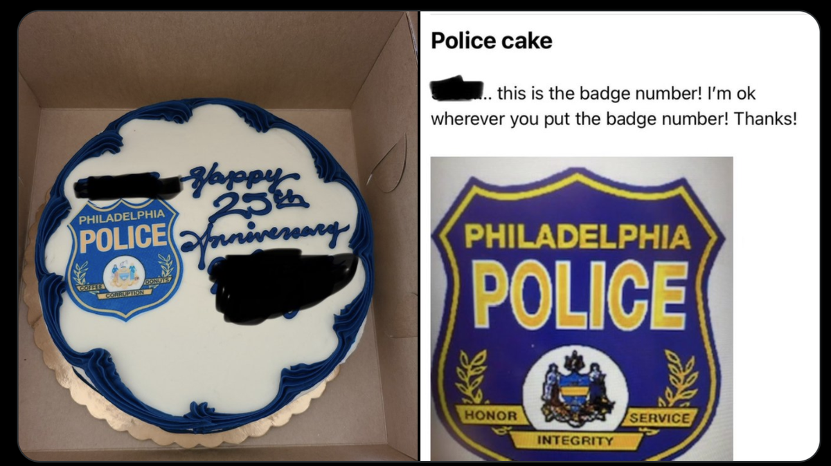 The Bakery House in Bryn Mawr, Pennsylvania, said a decorator accidentally printed a Philadelphia police badge that said “Coffee, Corruption, Donuts” on a cake for a customer.