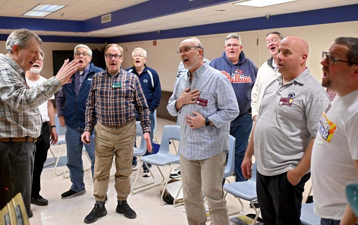 The Nittany Knights rehearse one of their singing valentine songs on Monday, Feb. 3, 2025 at South Hills School of Business and Technology.