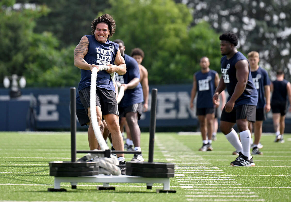 Penn State linebacker Tony Rojas pulls the weighted sled during Lift For Life on Wednesday, July 1, 2026.