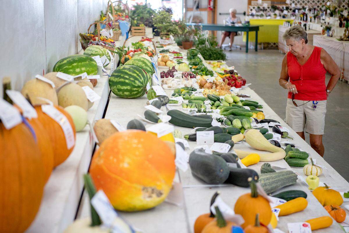 Visitors browse the produce contest winners Tuesday at the Centre County Grange Fair.