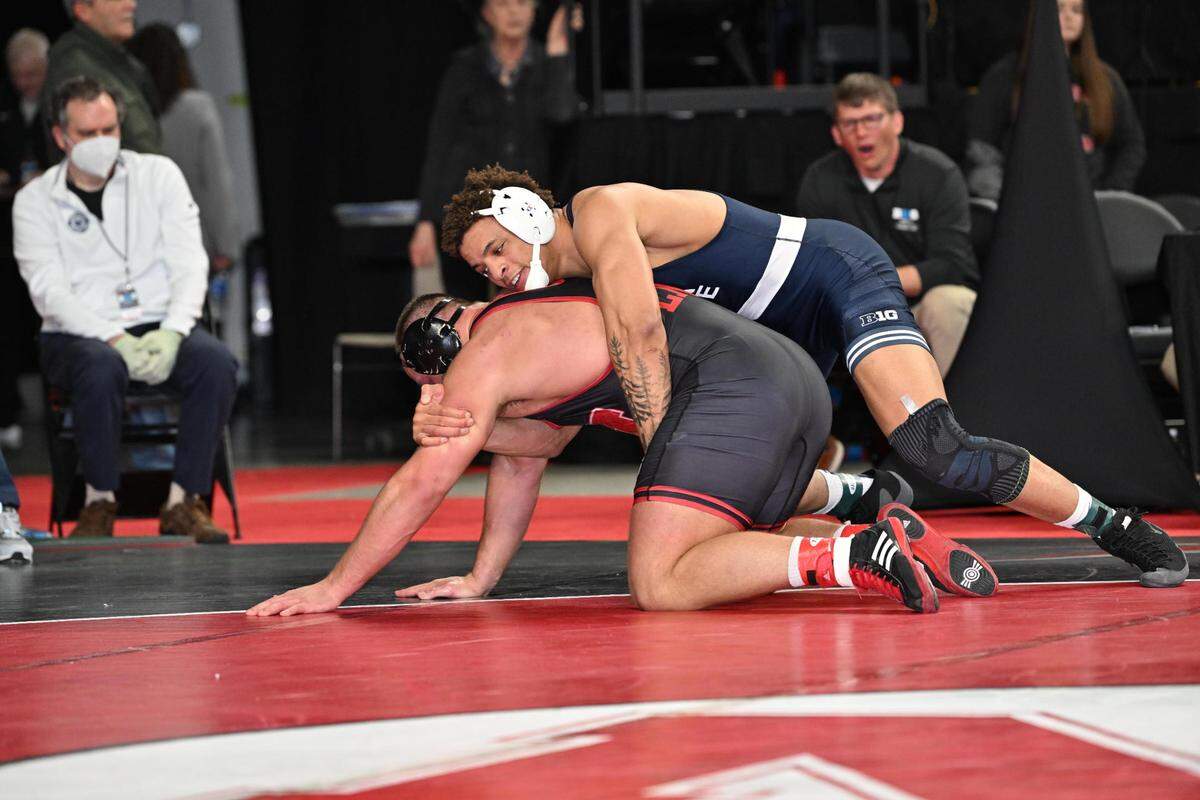 Penn State’s Greg Kerkvliet controls Nebraska’s Christian Lance in their 285-pound Big Ten quarterfinals match on Saturday, March 5, 2022 in Lincoln, Neb. Kerkvliet beat Lance 7-1 to make the semifinals.