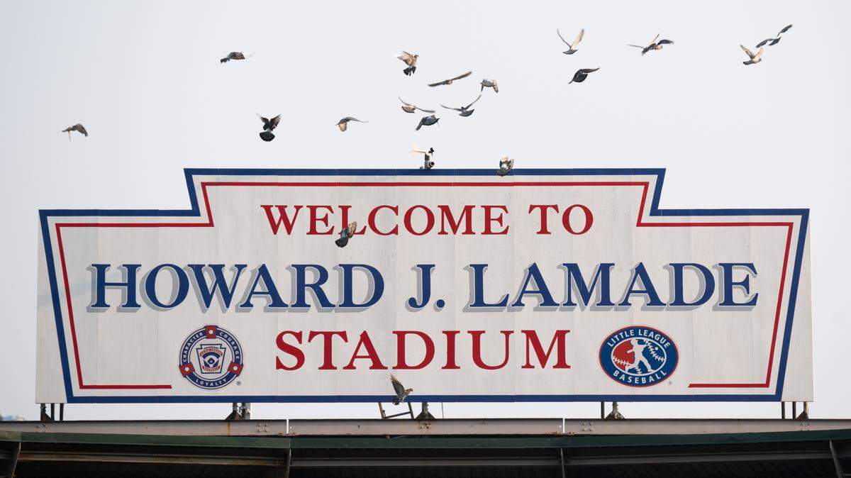 Birds fly past the Howard J. Lamade Stadium sign in South Williamsport, Pennsylvania, on Aug. 27, 2020. The annual Little League World Series will be held in August after being canceled last year due to COVID-19 concerns.