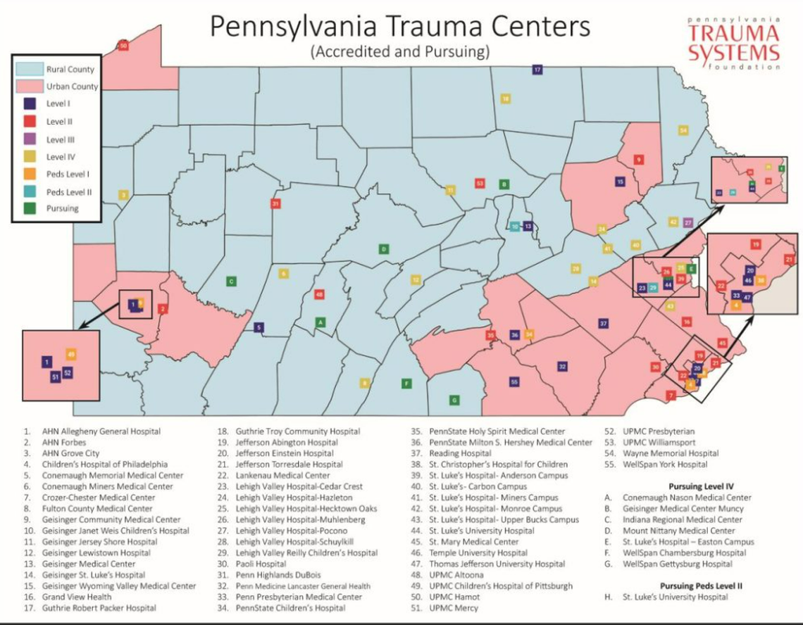 This map shows accredited trauma centers in Pennsylvania, along with areas including Centre County where trauma centers are being pursued.