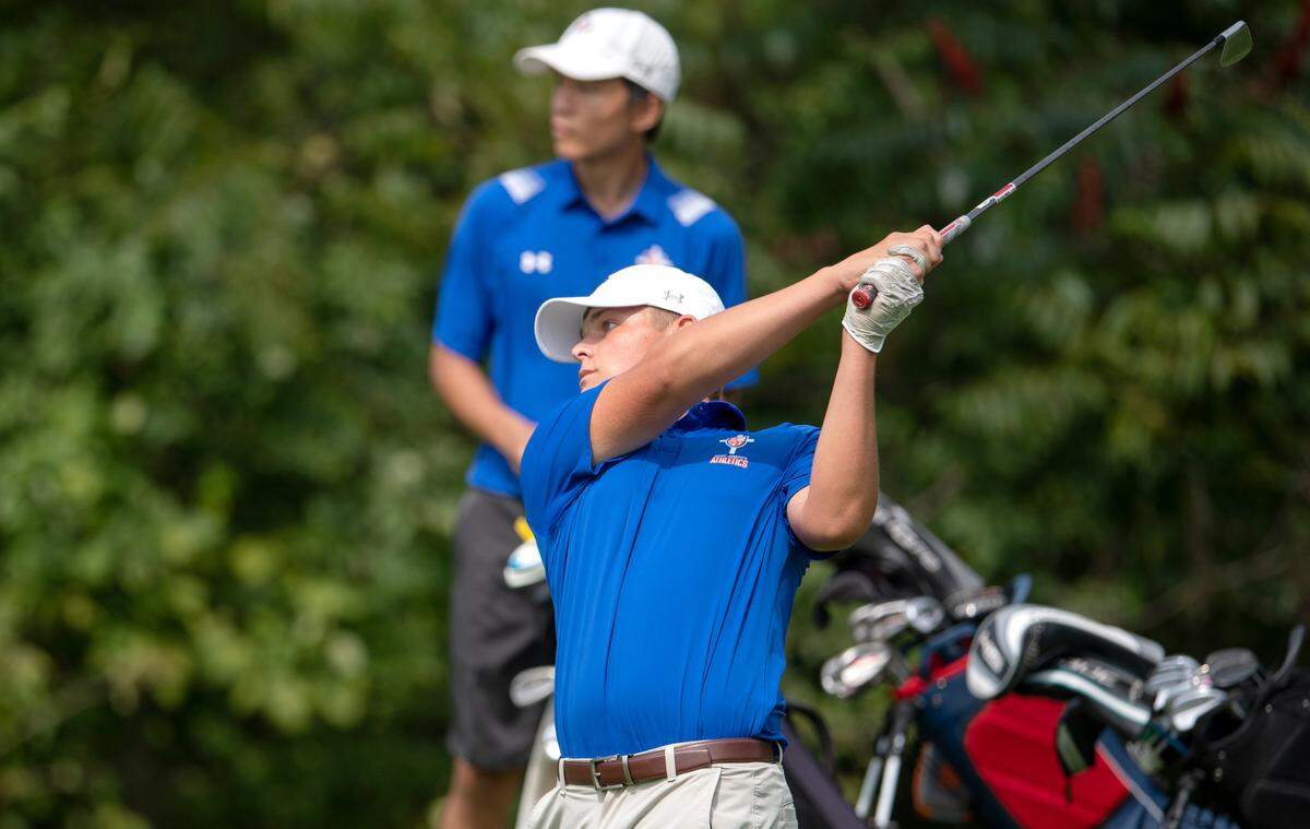 Saint Joseph’s Catholic Academy’s Tim Peters tees off for the second hole at Skytop Mountain Golf Course on Aug. 31 for a match against Bald Eagle Area.
