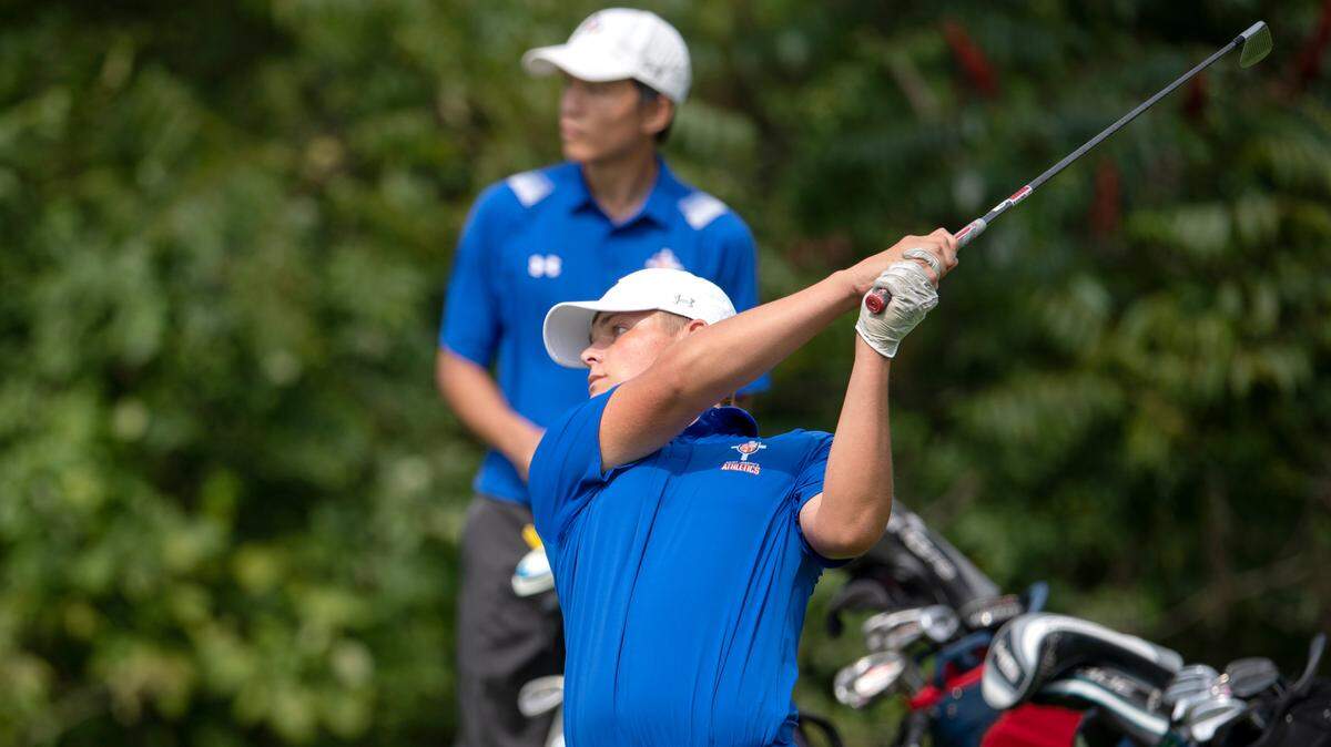 Saint Joseph’s Catholic Academy’s Tim Peters tees off for the second hole at Skytop Mountain Golf Course for a match against Bald Eagle Area on Tuesday, Aug. 31, 2021.