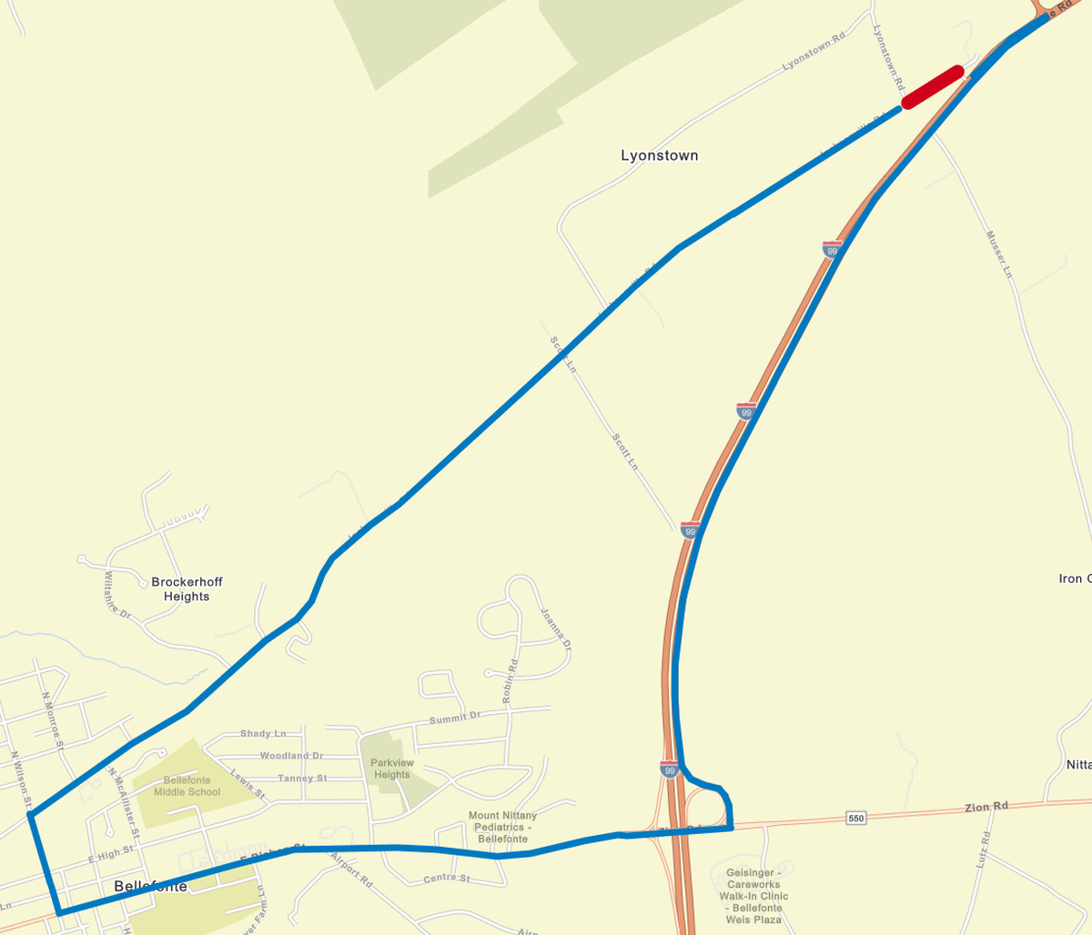 A map of the Jacksonville Road detour, per PennDOT.