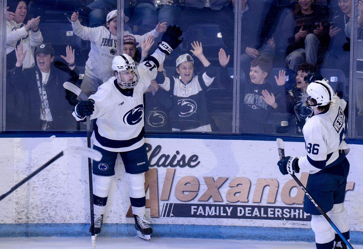 Penn State's Matt DiMarsico celebrates his goal in the second period of the game against Minnesota on Wednesday, March 11, 2026 at Pegula Ice Arena. It was DiMarsico’s 100th point of his Penn State career.  