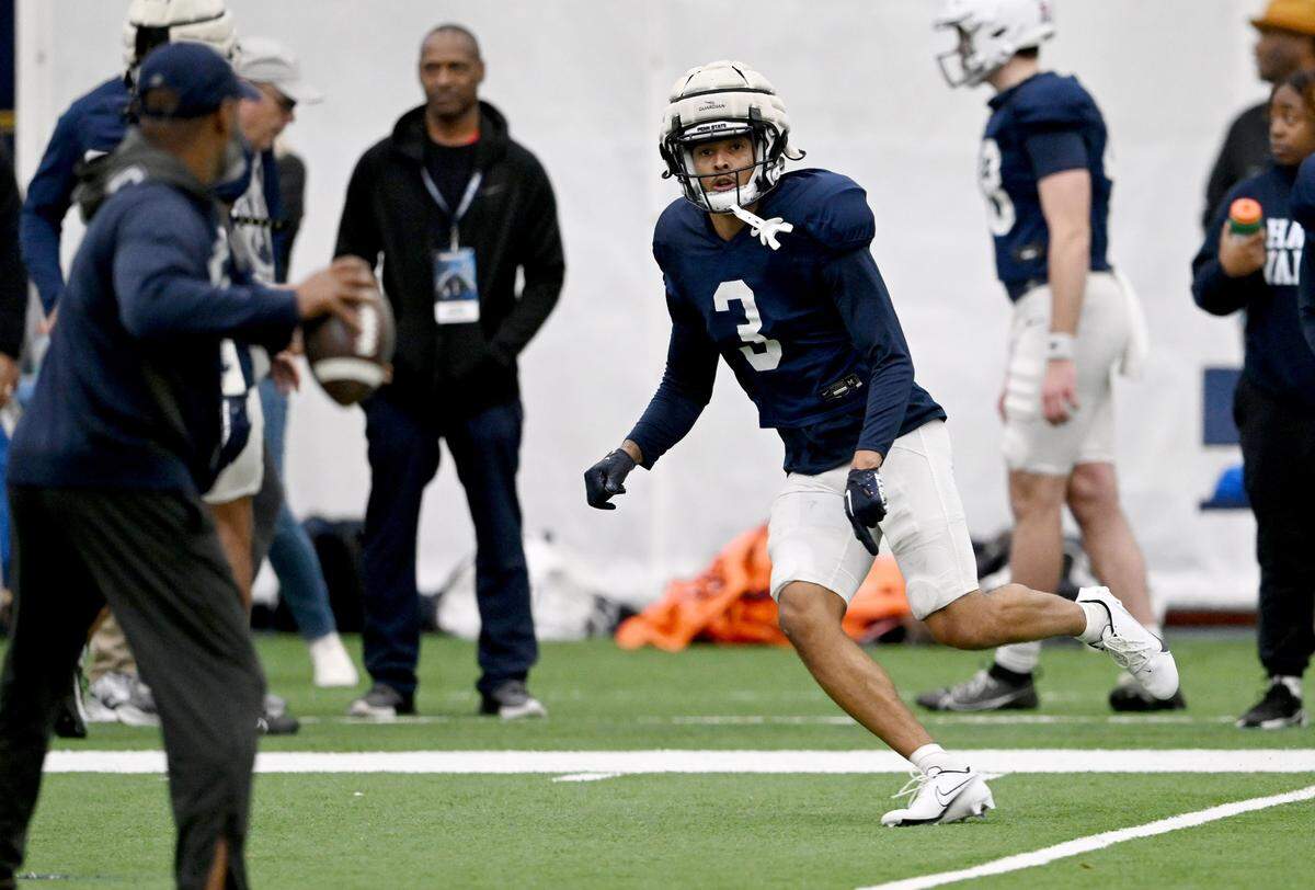 Penn State cornerback Jalen Kimber runs a drill during practice on Tuesday, April 2, 2024.