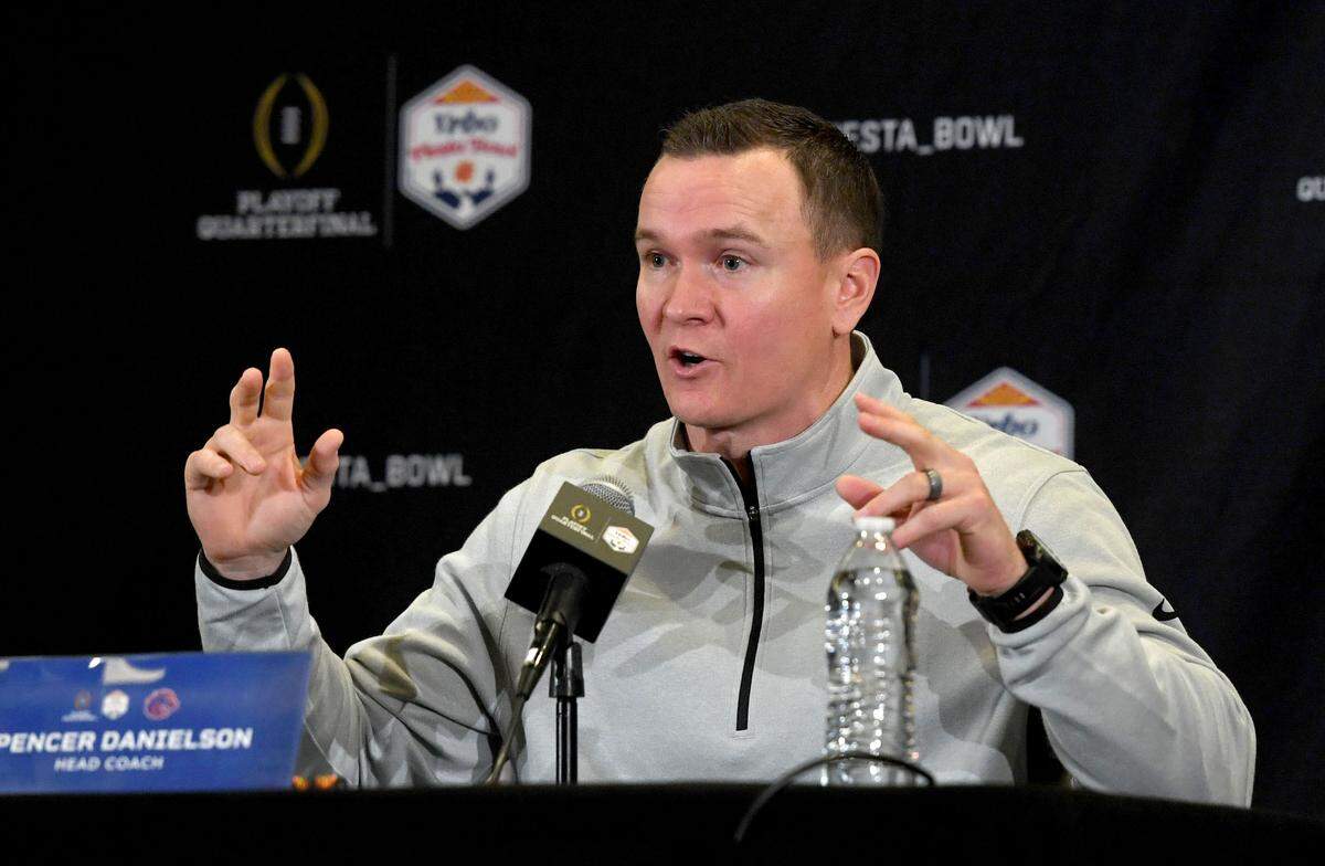 Boise State coach Spencer Danielson answers questions during media day for the Fiesta Bowl on Sunday, Dec. 29, 2024 at the Camelback Inn.