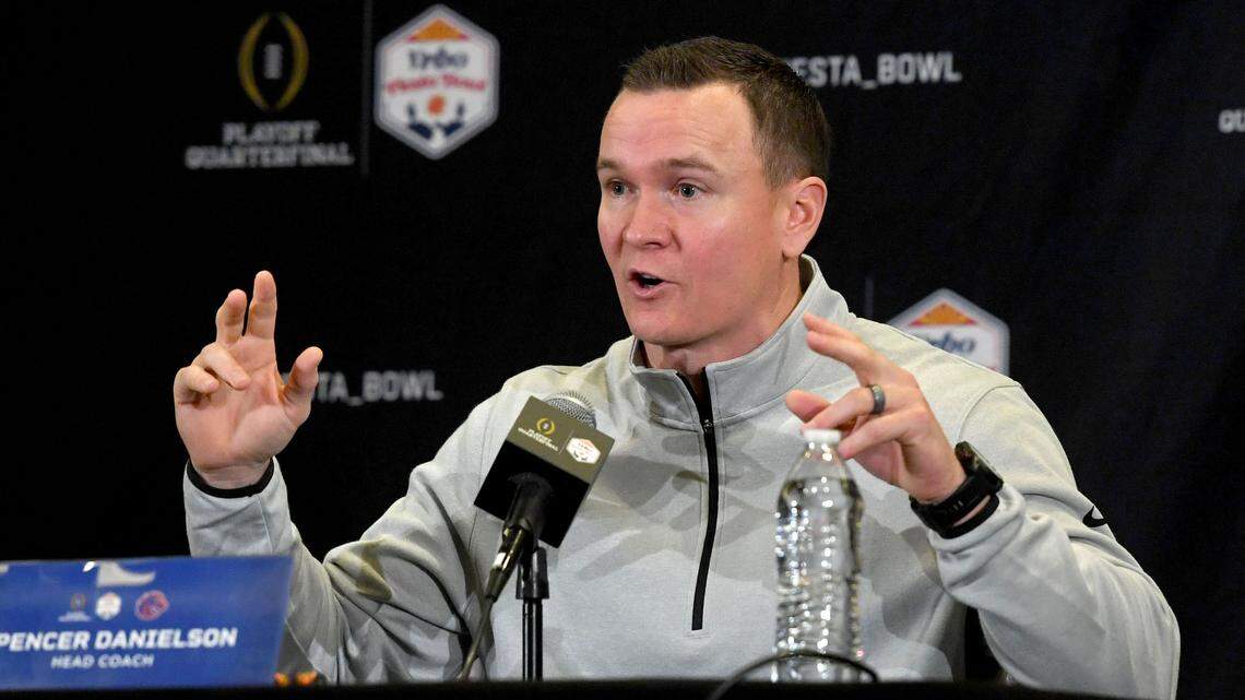 Boise State coach Spencer Danielson answers questions in this 2024 file photo.