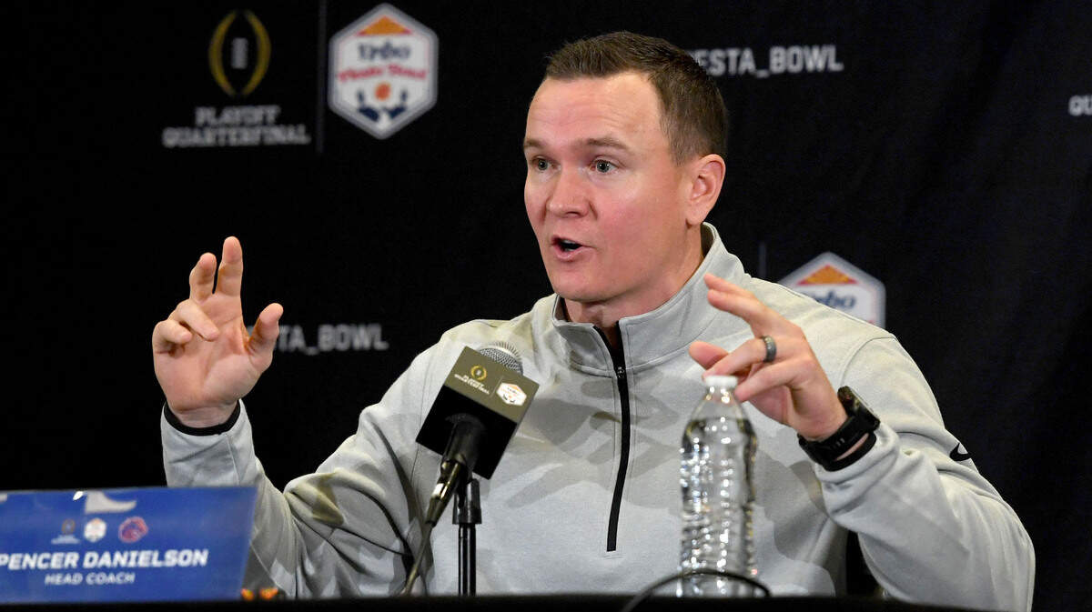 Boise State coach Spencer Danielson answers questions in this 2024 file photo.