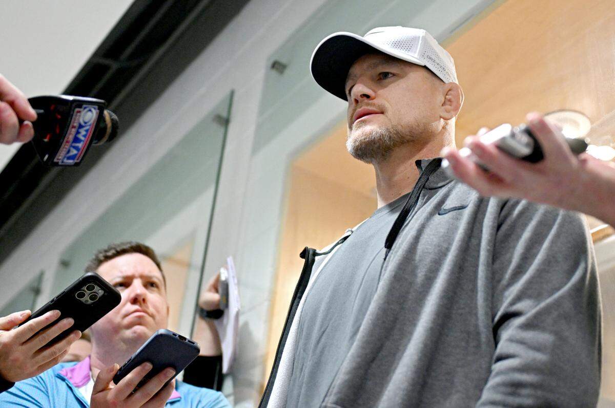 Penn State wrestling coach Cael Sanderson talks to the media on Monday, Jan. 27, 2025.