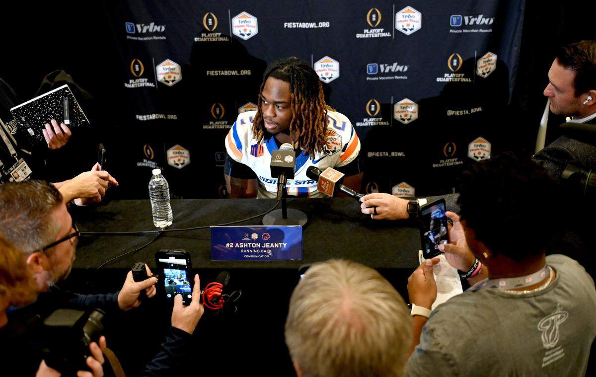Boise State running back Ashton Jeanty answers questions during media day for the Fiesta Bowl on Sunday, Dec. 29, 2024 at the Camelback Inn.