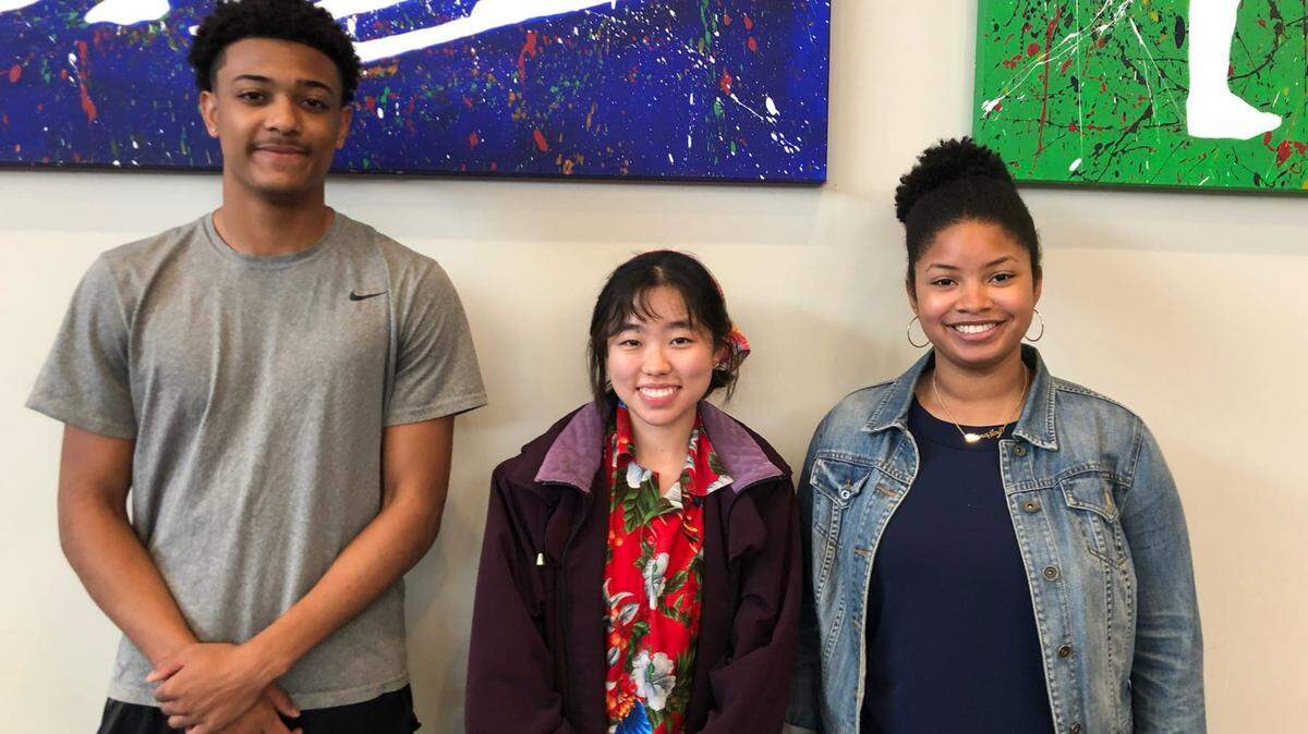 From left to right, soon-to-be State High grads Jashaun Green, Catherine Wang and Elana Laing pose some time after being named the first-ever scholarship recipients from the Osaze Osagie Scholarship Endowment Committee. Laing received a $5,000 scholarship while Green and Wang received $500 each.