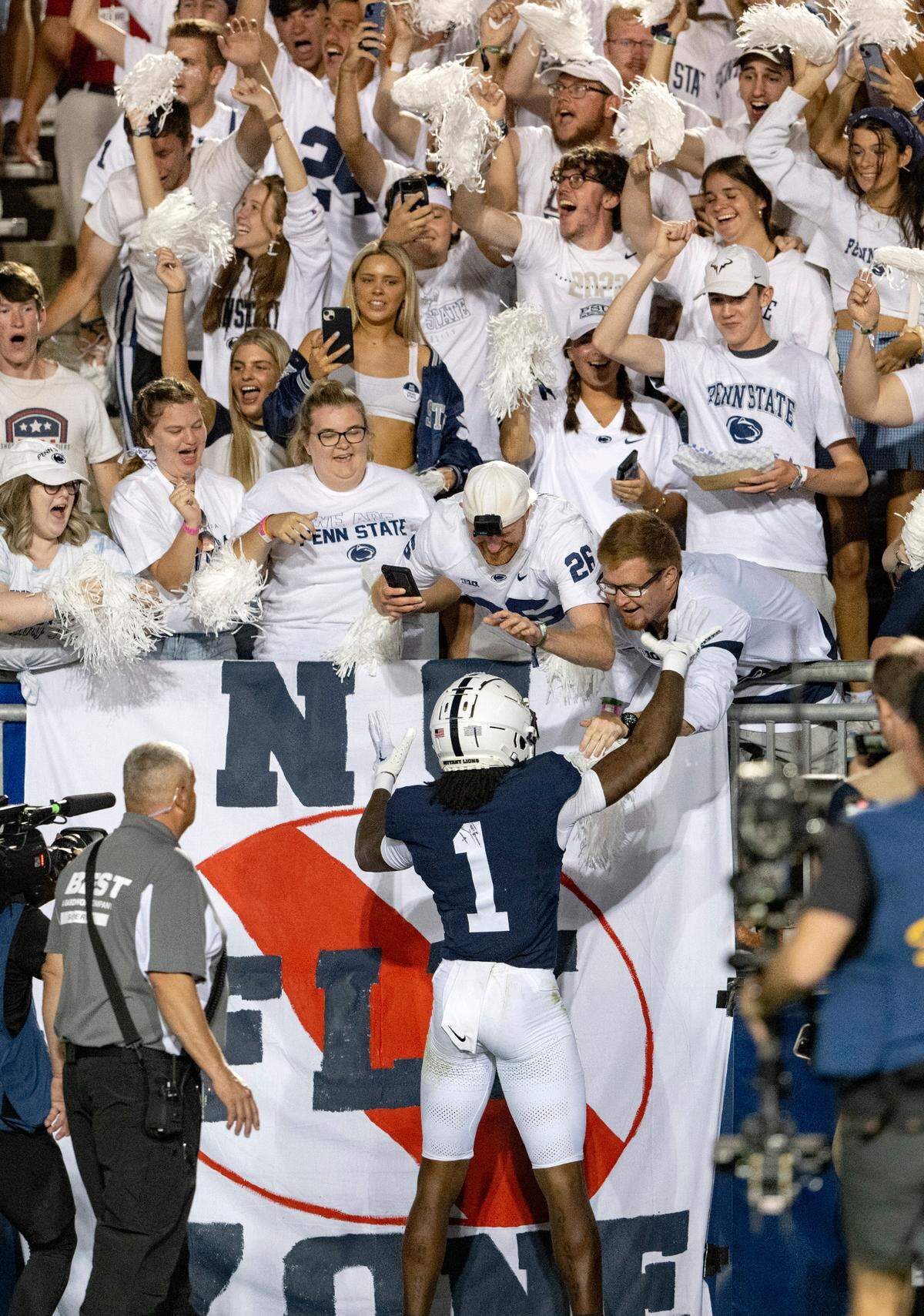 Penn State wide receiver KeAndre Lambert-Smith celebrates his touchdown with fans in the student section during the game against West Virginia on Saturday, Sept. 2, 2023.