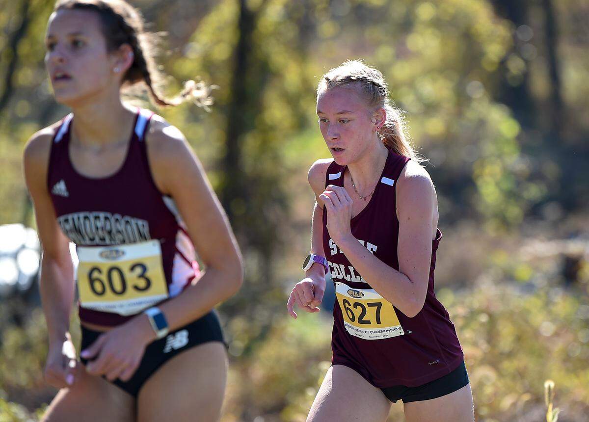 State College’s Karsyn Kane competes in the girls Class AAA race at the PIAA Cross Country Championships on Saturday, November 7, 2020 in Hershey. (Jeremy Drey — For the Centre Daily Times)