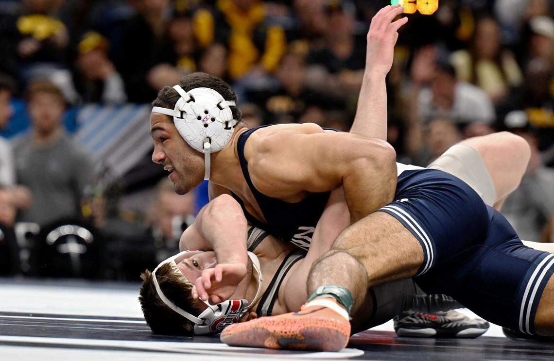 Penn State's Shayne Van Ness pins Ohio State’s Ethan Stiles in the 149-pound championship bout at the Big Ten Wrestling Championships on Sunday, March 8, 2026.  