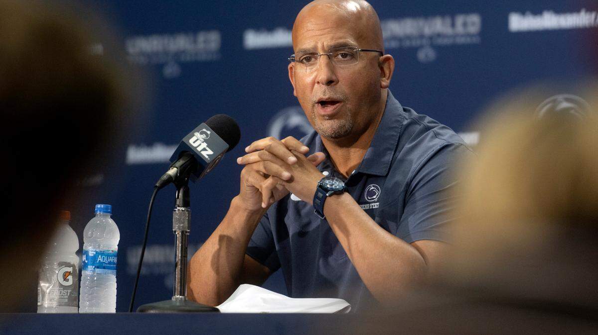 Penn State football coach James Franklin answers questions during media day on Saturday, Aug. 6, 2022.