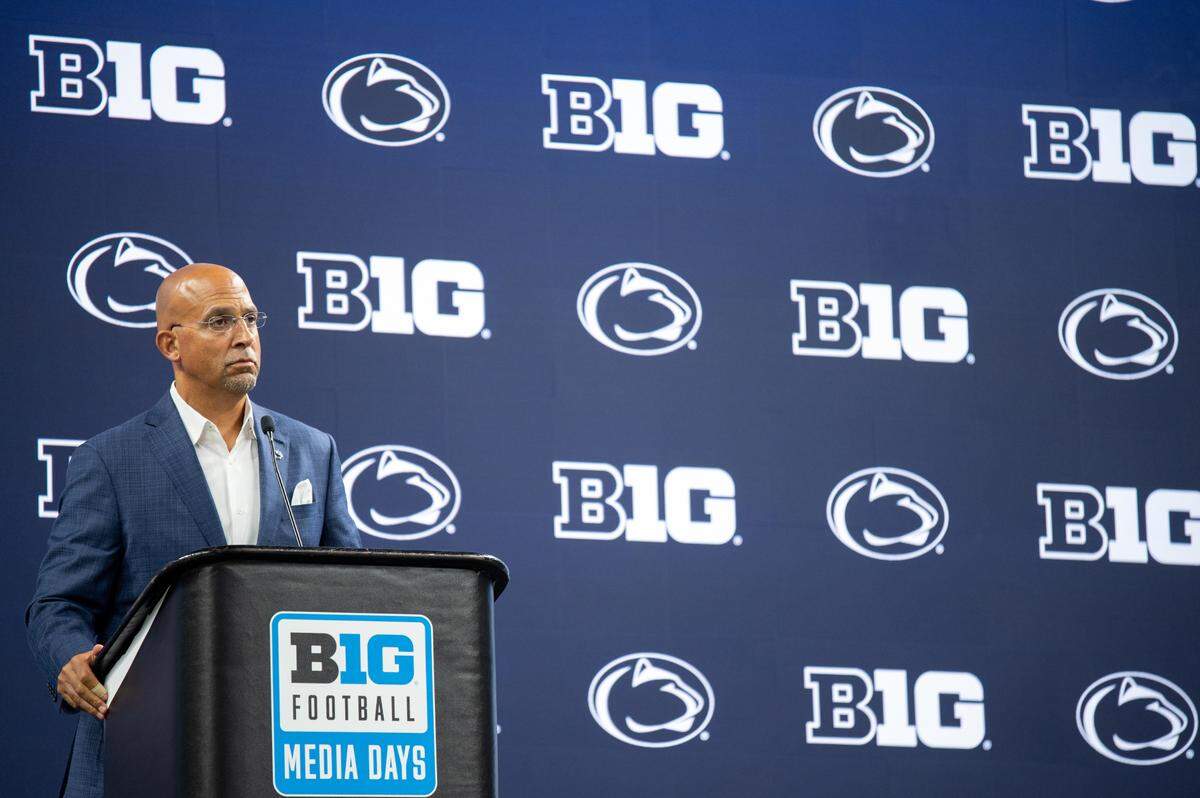 Penn State head coach James Franklin speaks at Big Ten Media Days at Lucas Oil Stadium in Indianapolis on Wednesday, July 24, 2024.