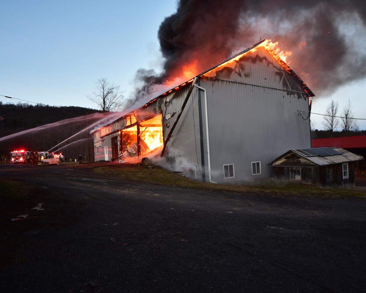 Crews battled a fire in a barn in the 400 block of Upper Georges Valley Road in Potter Township on Monday, Jan. 16, 2023.