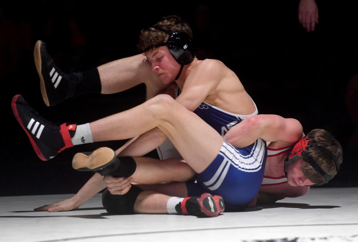 Penns Valley’s Malachi DuVall and Bellefonte’s Andrew McChesney wrestling the 152 lb bout during the match on Tuesday, Jan. 7, 2020. DuVall won by fall.