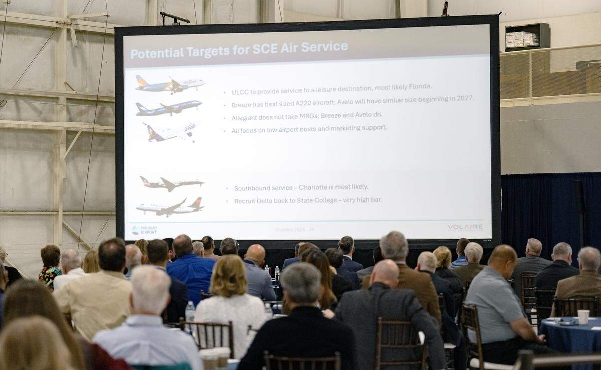 A slide from Tim Sieber of Voltaire Aviation Consulting shows potential airlines to come to State College during the State College Air Service Summit on Tuesday, Oct. 14, 2025 at a hangar at the State College Regional Airport. 
