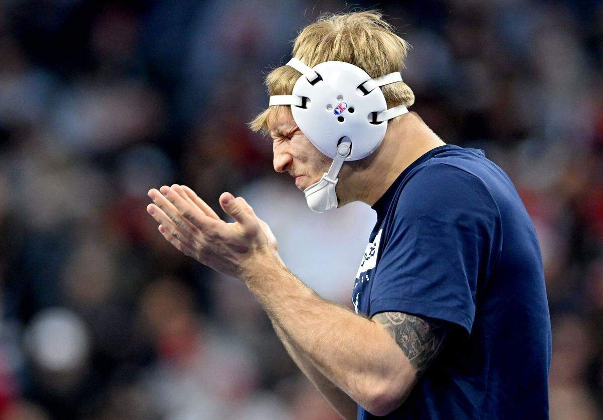 Penn State’s Josh Barr slaps himself in the face before his 197-pound quarterfinal bout during the 2025 NCAA Wrestling Championships in Philadelphia on Friday, March 21, 2025.