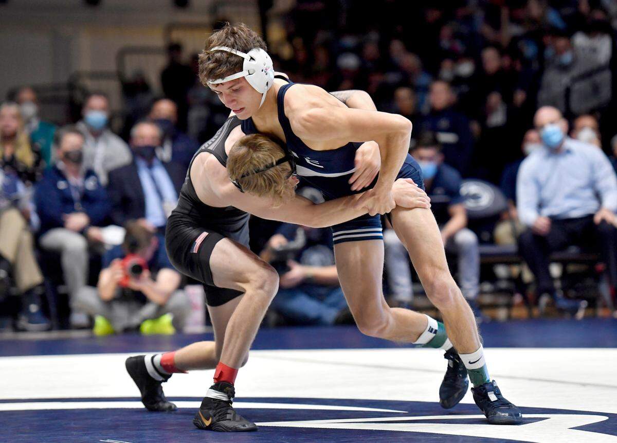 Penn State’s Baylor Shunk, pictured in November 2021, went 1-2 in his first Southern Scuffle, but was eliminated during the first day on Saturday. Shunk’s win was a 21-3 technical fall.