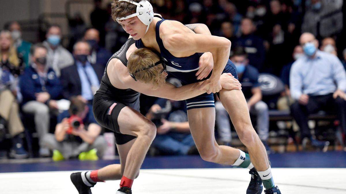Penn State’s Baylor Shunk, pictured in November 2021, made his season and Big Ten dual debut on Sunday for the Nittany Lions. The Penns Valley grad nearly upset the 29th ranked wrestler in the country.