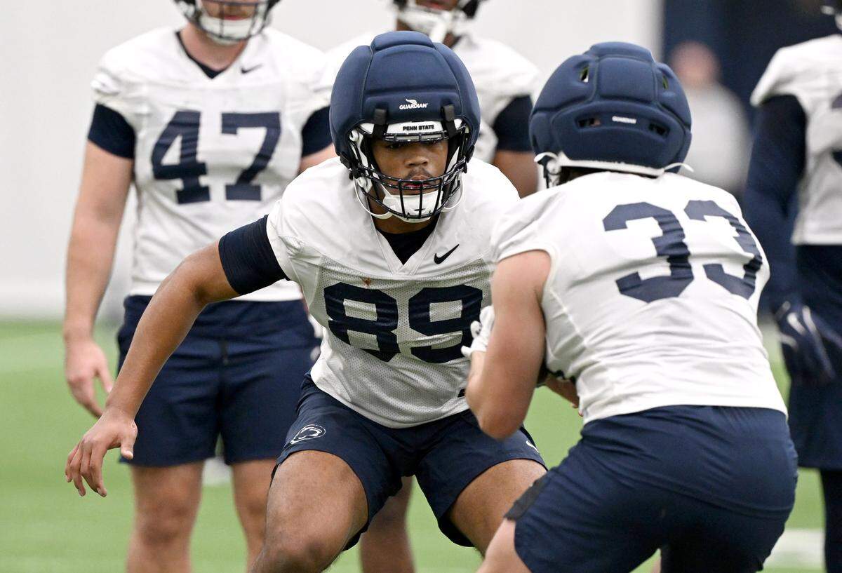 Penn State defensive end Jackson Ford runs a drill during spring practice on Thursday, March 26, 2026.  