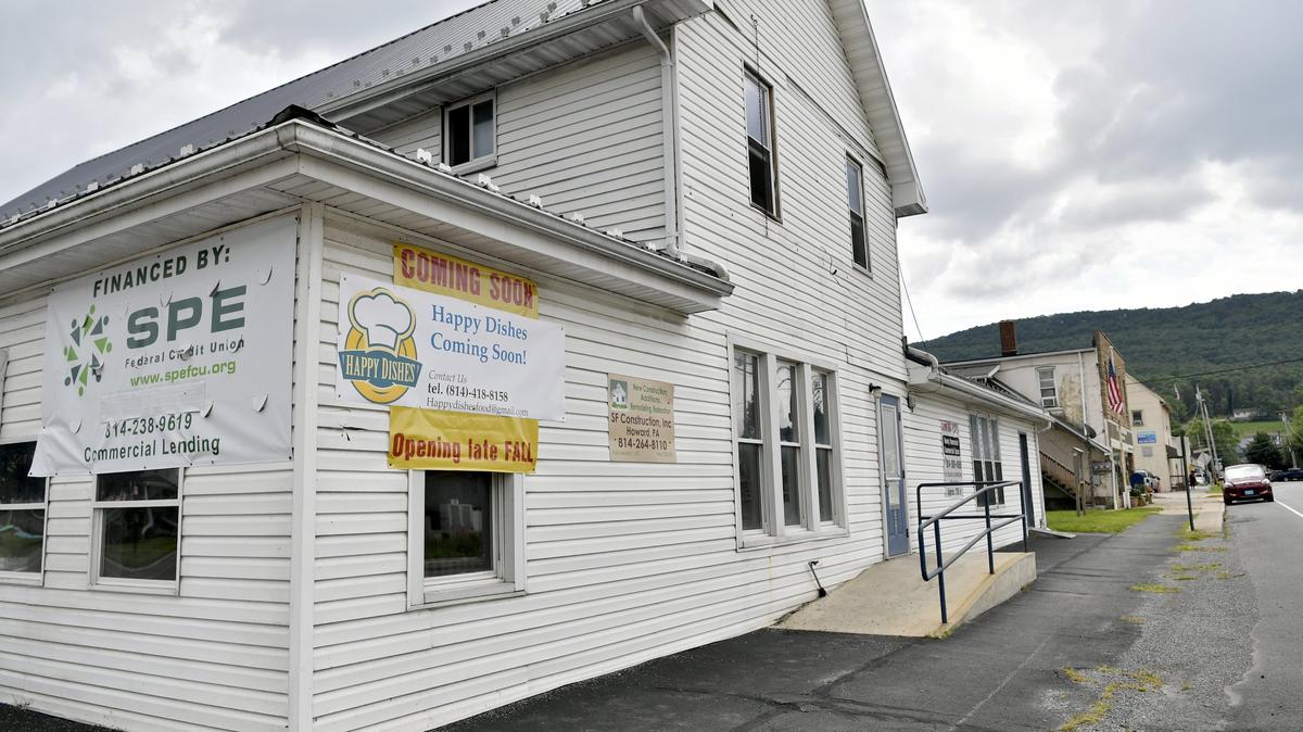 A sign on the old Stovers Tea Room in Milesburg says Happy Dishes is coming soon tot he location.