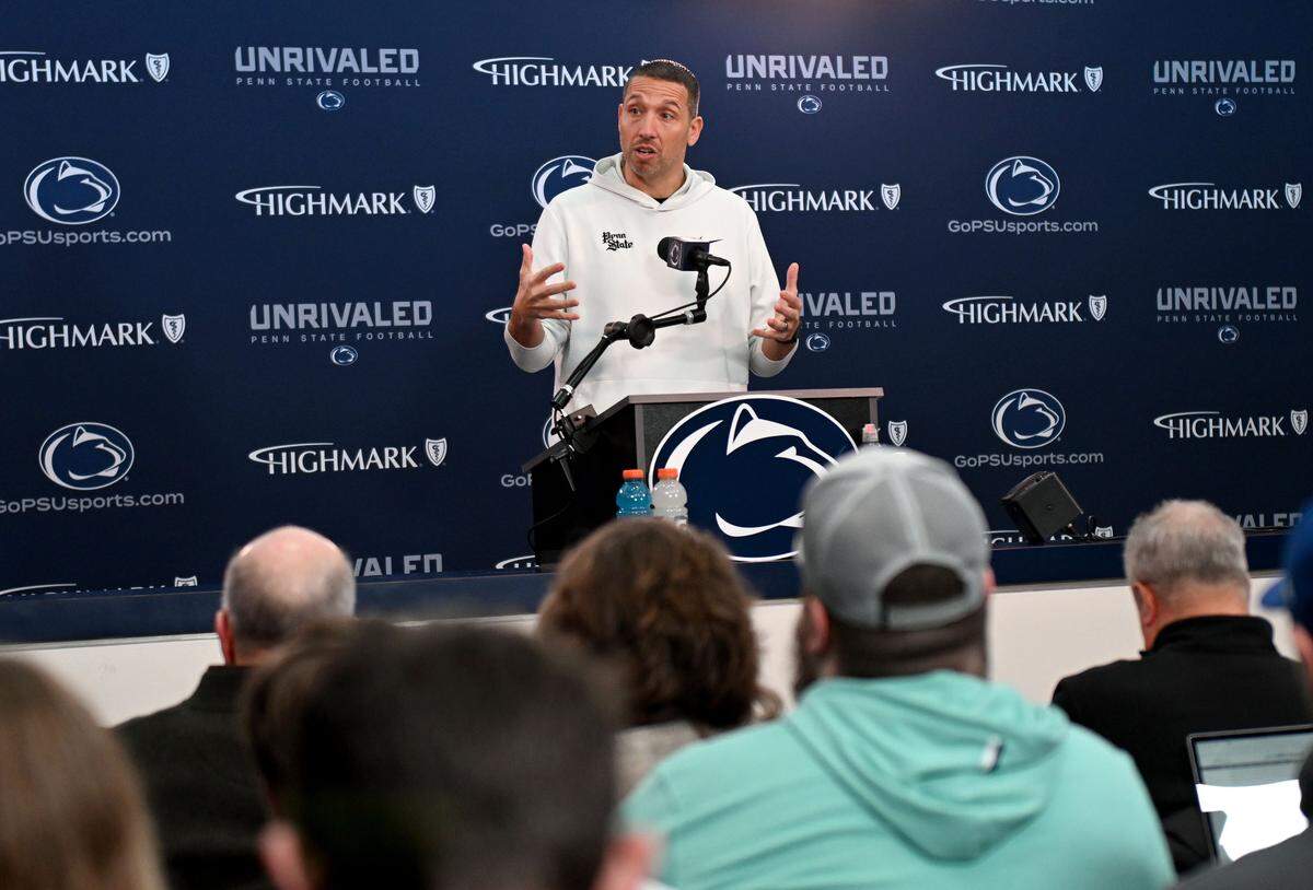 Penn State football coach Matt Campbell answers questions during a press conference on Wednesday, Feb. 4, 2026.  