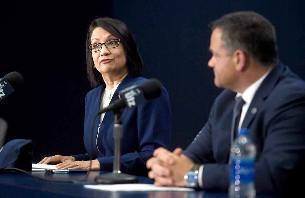 Penn State President-elect Neeli Bendapudi introduces the next director of athletics, Patrick Kraft, during a press conference on Friday.