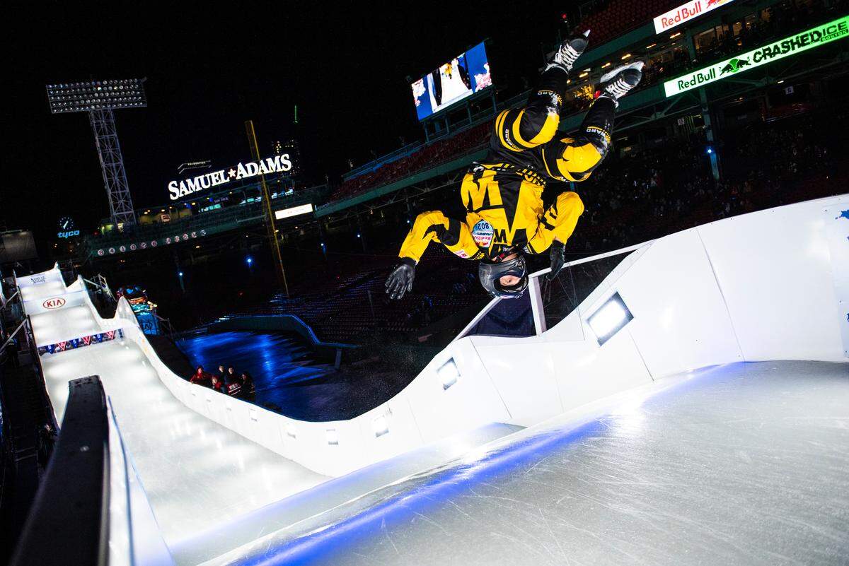 Johanny Velasquez performs during the freestyle competition at the sixth stage of the ATSX Ice Cross Downhill World Championship at the Red Bull Crashed Ice at Fenway Park stadium on Feb. 8.