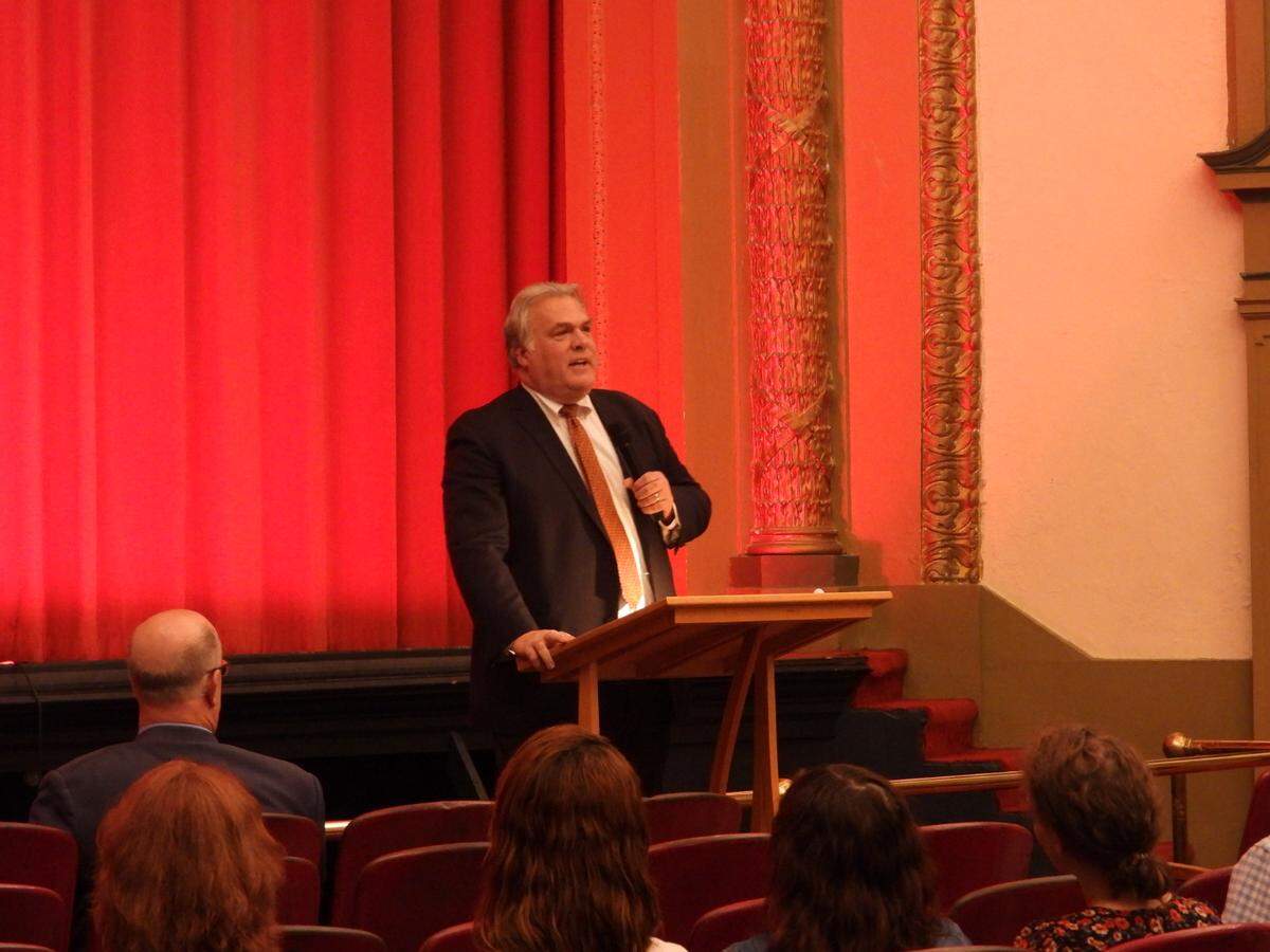 Fritz Smith, president and CEO of Happy Valley Adventure Bureau, speaks Thursday at the Rowland Theatre in Philipsburg about the 2022-23 tourism grants.