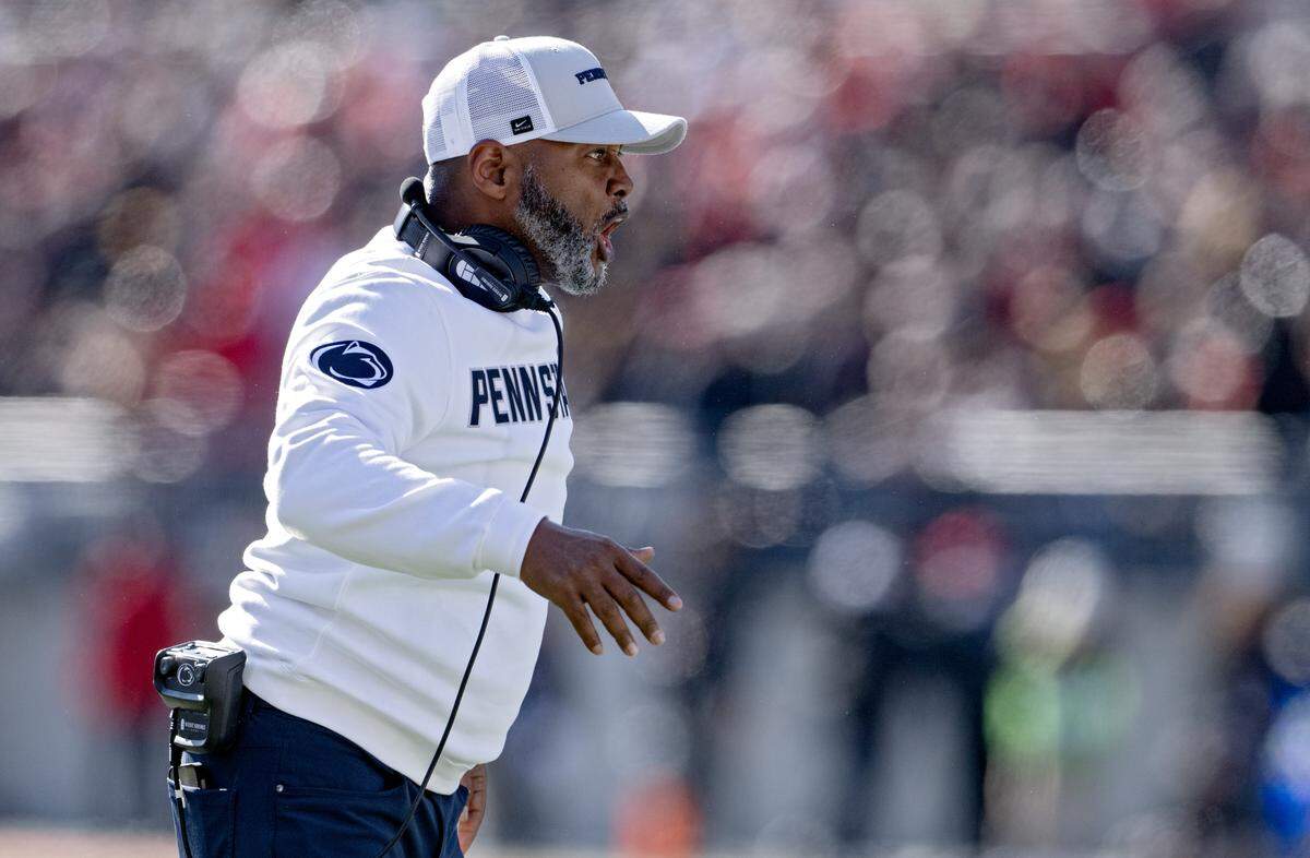 Penn State interim coach Terry Smith celebrates a play during the game against Ohio State on Saturday, Nov. 1, 2025. 