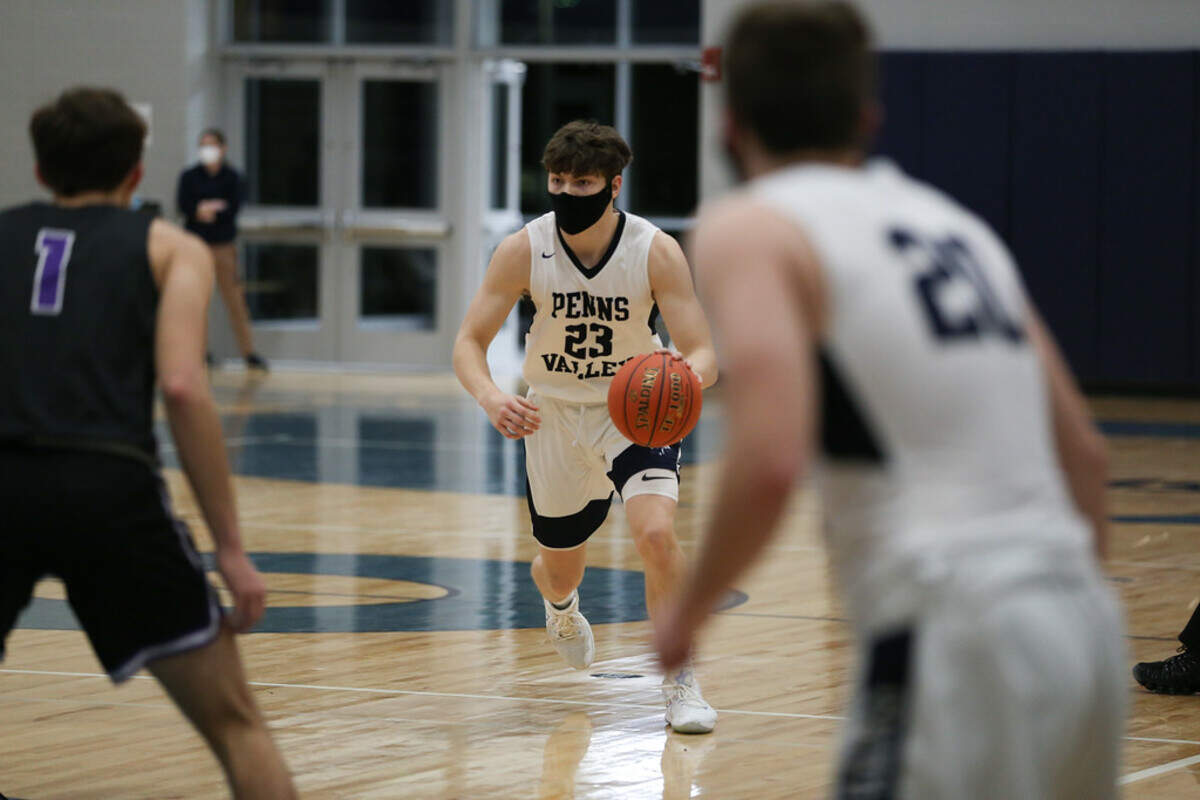 Penns Valley’s Zach Braucht dribbles against Mifflin County on Friday, Jan. 29, 2021.