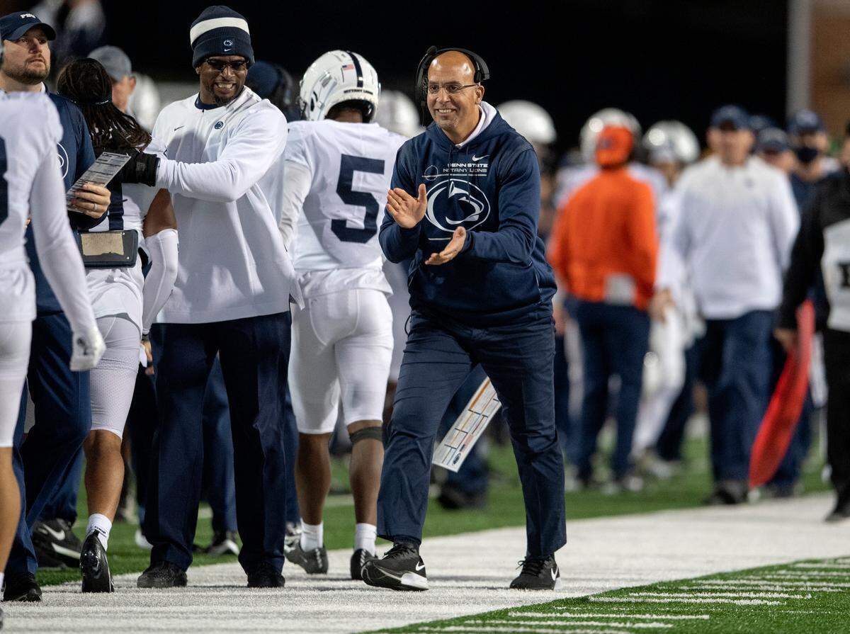 Penn State football coach James Franklin celebrates a touchdown during the game against Maryland Saturday, Nov. 6, 2021.