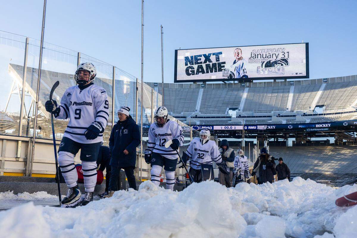The Penn State women’s hockey team walks off the ice after winning the hockey game at Beaver Stadium on Friday, Jan. 30, 2026. The Nittany Lions played at Beaver Stadium for the first time and defeated the Colonials 3-1.