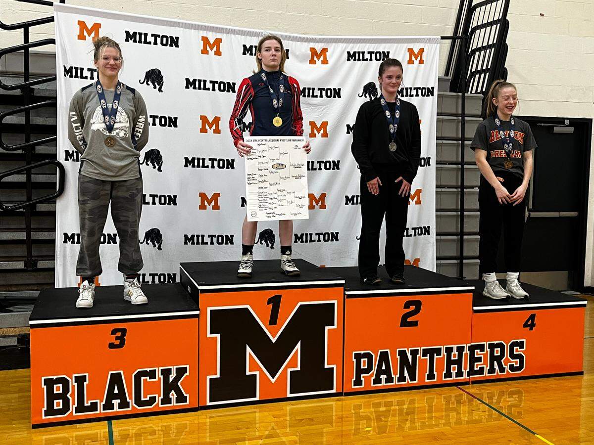 Philipsburg-Osceola’s Isabella DuVall celebrates her third place finish at 124 pounds in the PIAA Central Regional Championships on Saturday, March 2, 2024 at Milton High School.