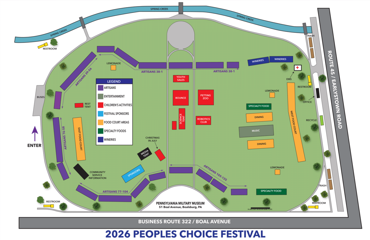 This map shows the layout planned for this year’s People’s Choice Festival of Pennsylvania at the Pennsylvania Military Museum grounds in Boalsburg.