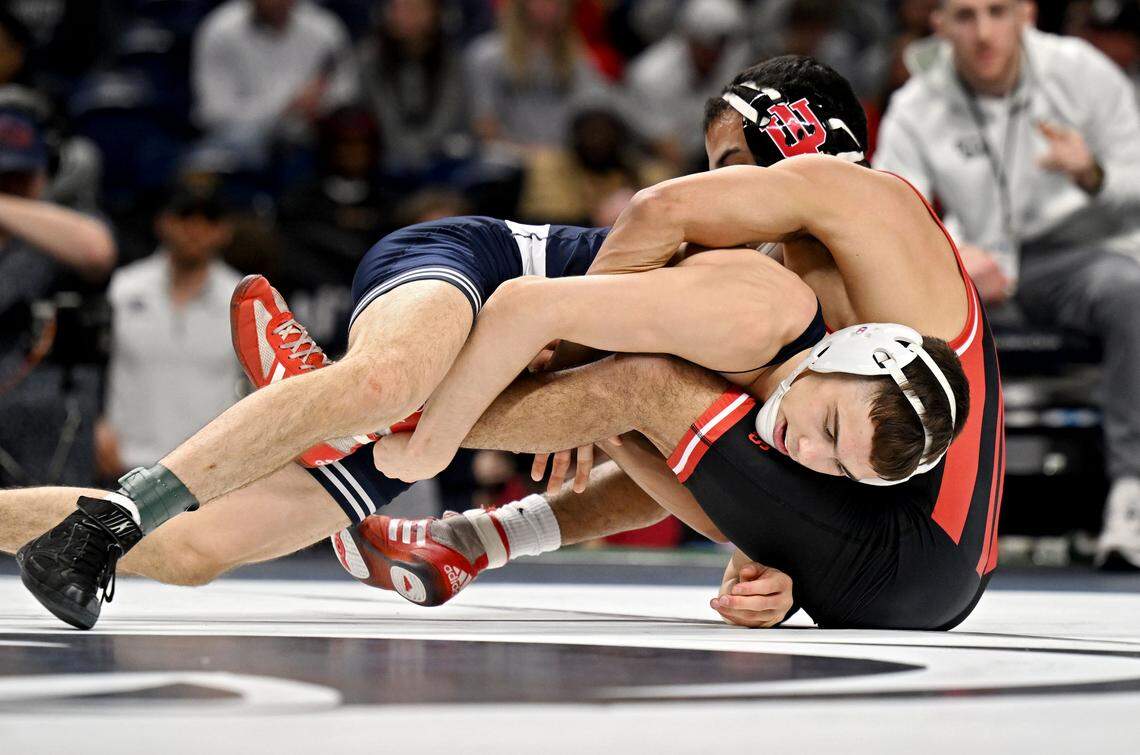 Penn State's Luke Lilledahl controls Indiana’s Jacob Moran in a 125-pound semifinal bout at the Big Ten wrestling championships on Saturday, March 7, 2026 at the Bryce Jordan Center.