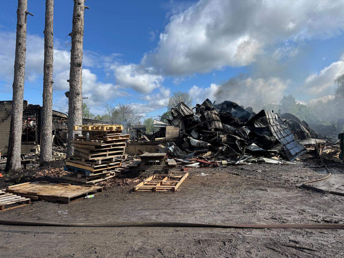 An overnight fire destroyed G.P. Cabinets in Howard.